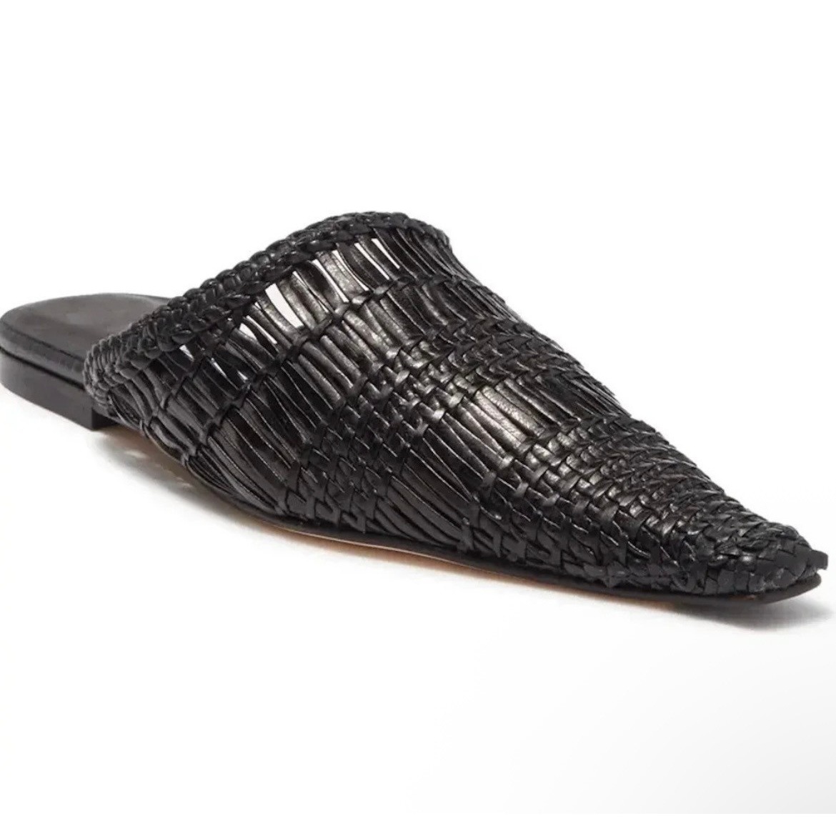 Miista Erica Woven Leather Pointed Square Toe Mule Flat Black 37 / 6.5